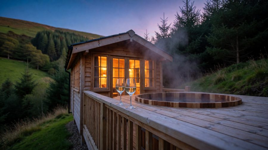 A timber lodge for two with its own tub steaming on the deck at dusk