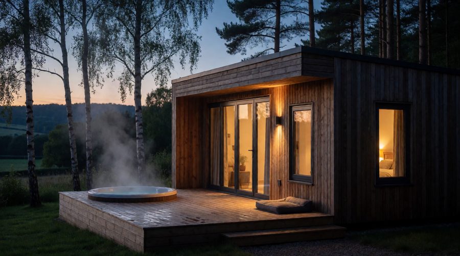 A two bedroom lodge with a private hot tub on the deck sleeps four, and most of ours take dogs too