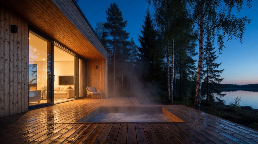 Three bedrooms and a private soak on the deck is the easiest way to fit six people into one lodge