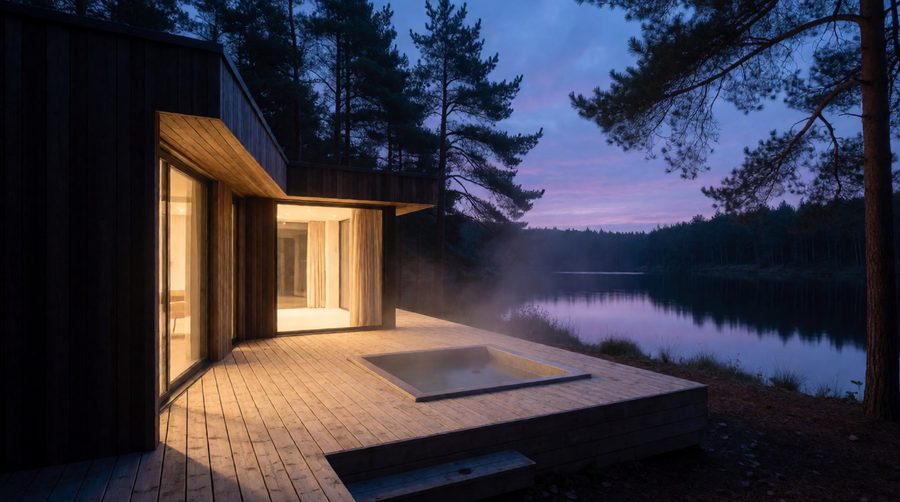 A four-bedroom hot tub lodge gives eight people their own room and one deck to share after dark