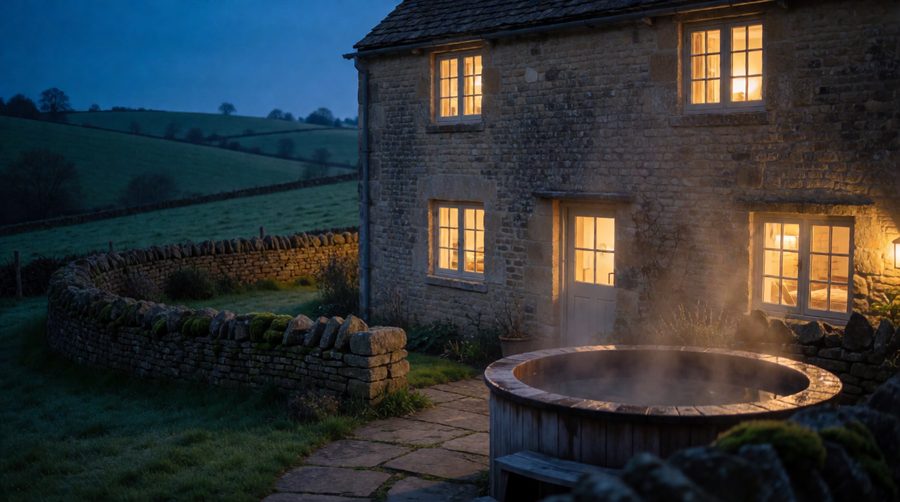 Golden Cotswold stone and a steaming tub at dusk, the classic Oxfordshire hot tub break