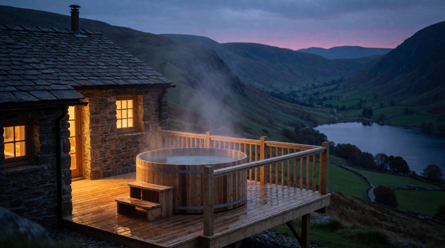 A wooden hot tub on a stone cottage's decking above a lake, the kind of view Welsh hot tub cottages are booked for