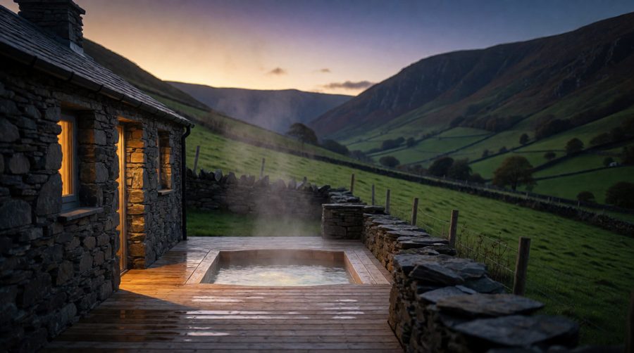 A stone cottage with a hot tub on the deck, the kind of valley view you get across Snowdonia