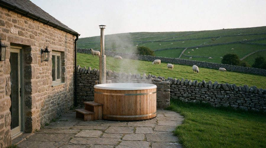 A wood-fired tub on a flagstone terrace above dry stone walls is the Yorkshire Dales at its best