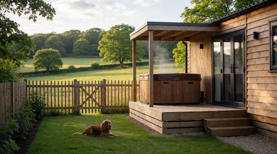 A fenced lawn beside the deck means the dog can settle on the grass while you're in the hot tub