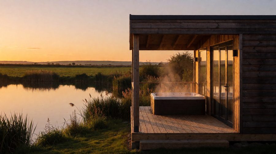 Lakeside hot tub lodges in the East Riding look out over flat farmland towards the low Wolds