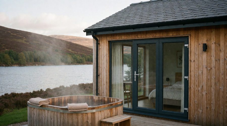 A steaming hot tub on the deck of a timber cottage is the finest seat in the house beside a Scottish loch