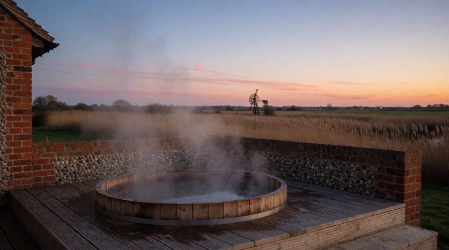 Big skies and reed beds make a hot tub at dusk feel special in the East of England