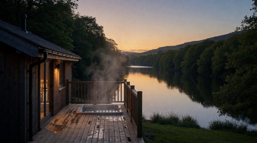 Lakeside lodges with hot tubs in Staffordshire make the most of the Moorlands at dusk
