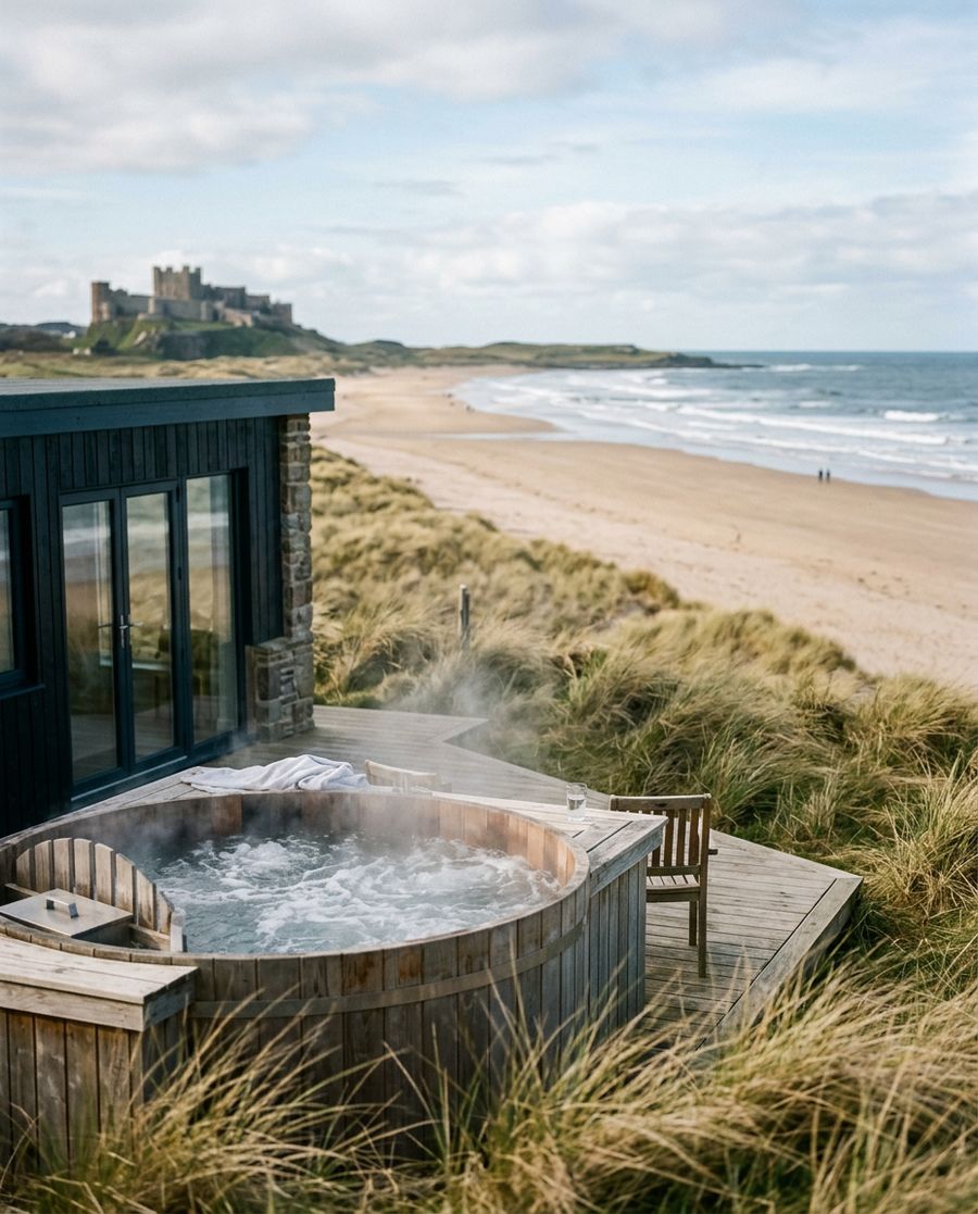 A coastal cottage hot tub looking over a sandy beach towards a castle on the headland