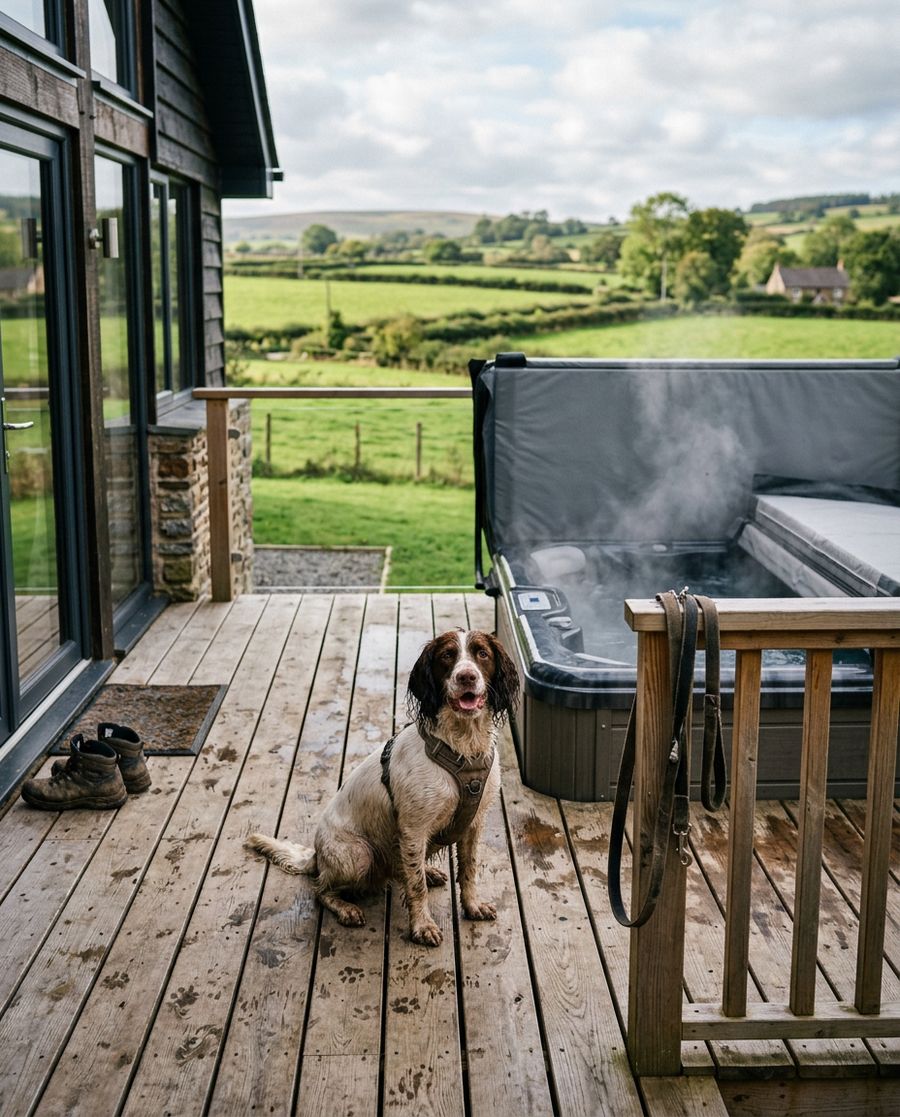 A springer spaniel sitting on a cottage deck next to the hot tub