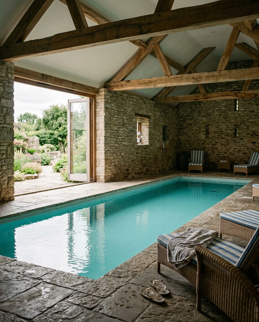 An indoor swimming pool inside a converted stone barn with oak beams
