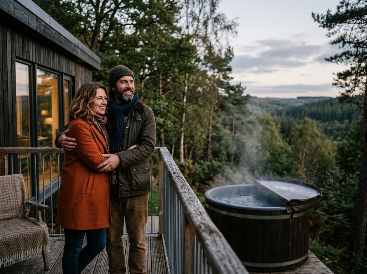 A couple arm in arm on the deck of a woodland cabin beside a steaming hot tub