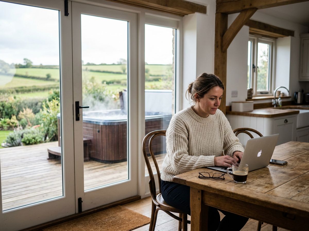 A woman working on a laptop at a cottage kitchen table with the hot tub outside the glass doors