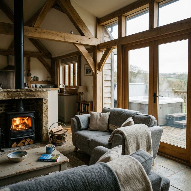 A cosy barn living room with a wood burner and the hot tub visible through glass doors