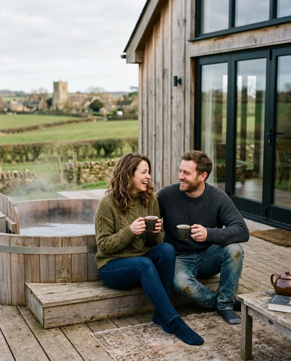 A couple with mugs of tea relaxing on the deck beside a steaming hot tub at a barn conversion