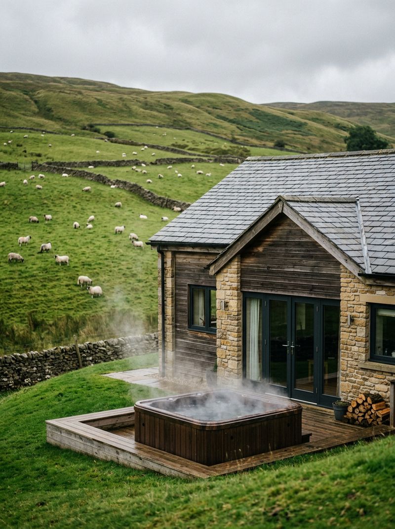 A stone holiday cottage with a steaming hot tub on its terrace above green hills