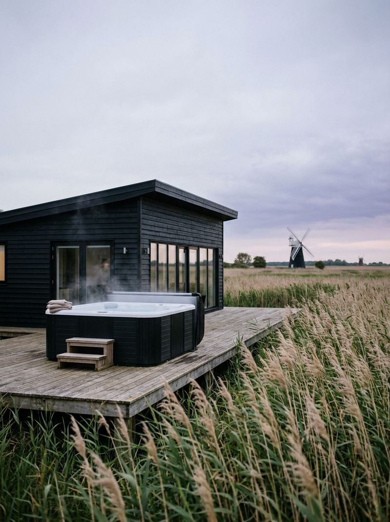 A black weatherboarded cottage with a hot tub beside the Norfolk Broads reed beds