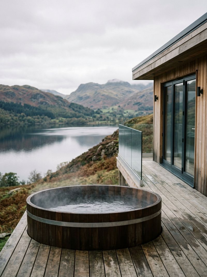 A hot tub on a lodge deck overlooking a lake and the Lake District fells