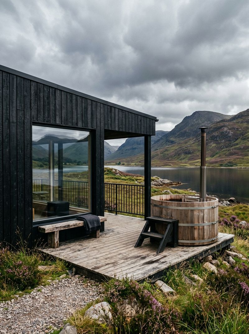 A black timber cabin with a wood-fired hot tub beside a Highland loch