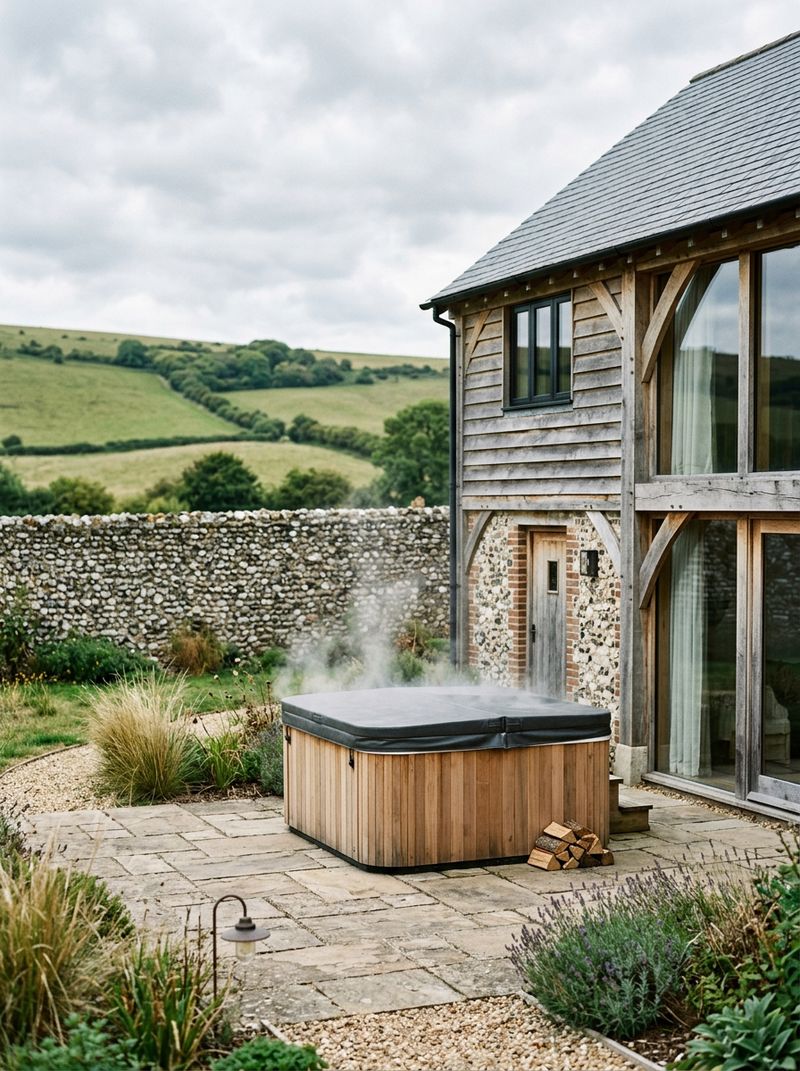 An oak-framed barn conversion with a steaming hot tub on a patio