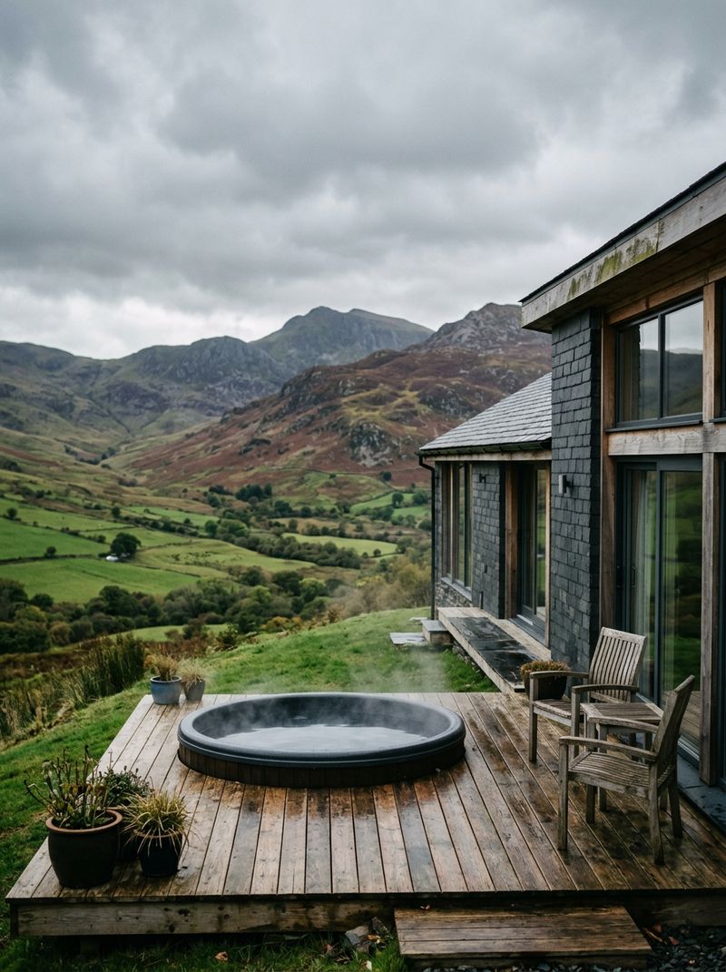 A slate and timber cottage with a hot tub below the mountains of Snowdonia